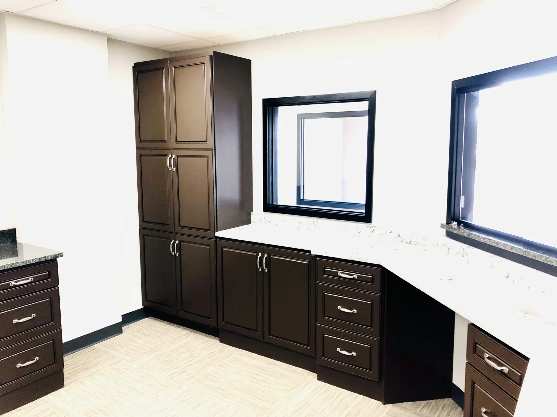 Office with dark built-in cabinets and a desk