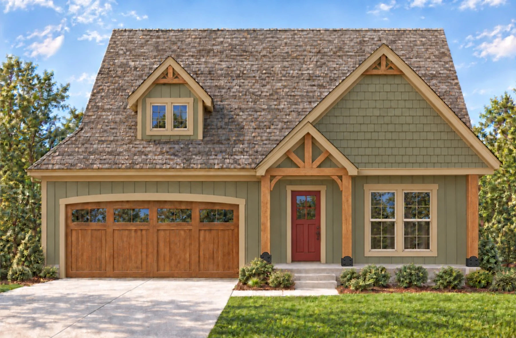 Color rendering of the 2142 Harlow St spec home with olive board and batten siding, olive shake gables, sand trim, a red front door, wood garage door and cedar shake roof
