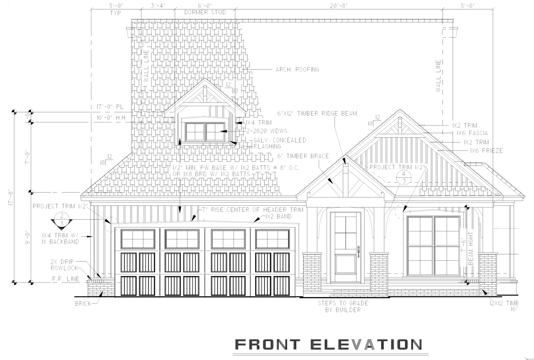 Front elevation drawing of the spec home at 2142 Harlow St, Carthage: one-story cottage with a two-car garage, dormer, timber gable brackets, board and batten siding and brick column bases